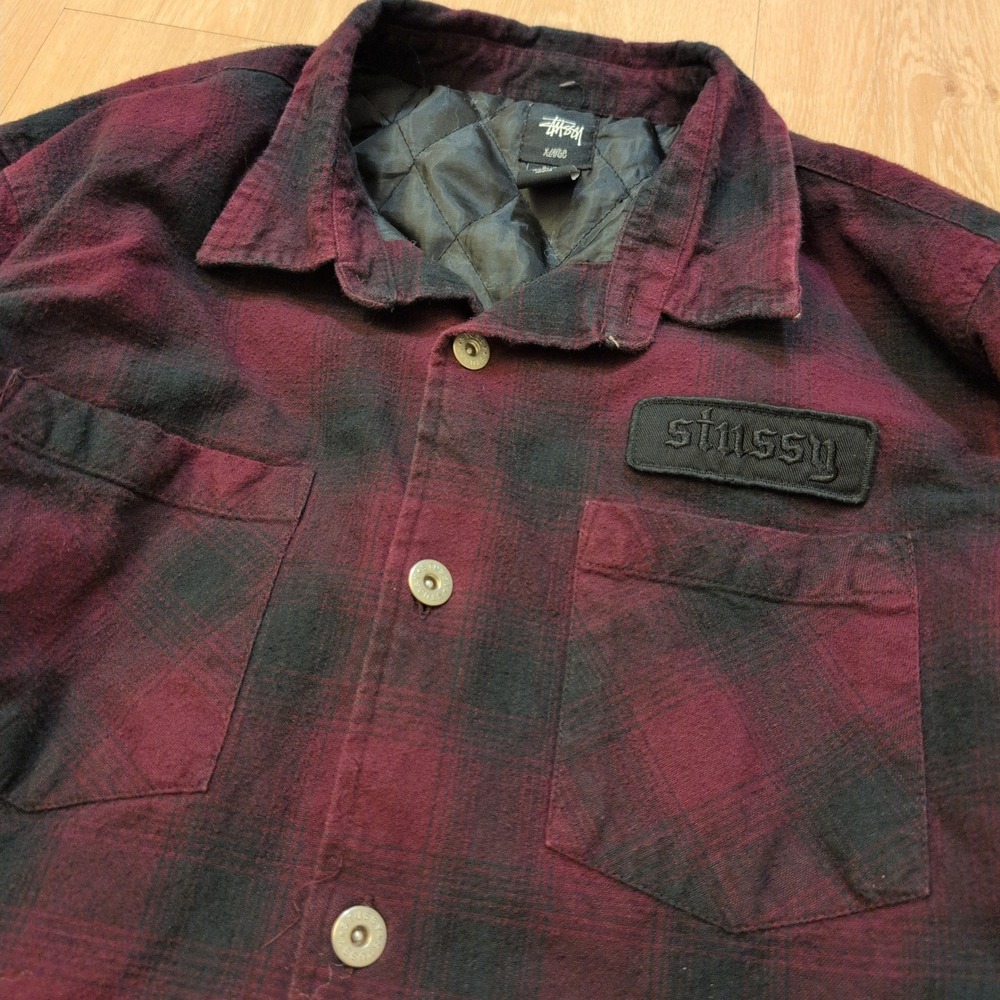 Stussy Men's XL Quilted Flannel Shirt Jacket Burgundy Black Plaid Logo Patch - Picture 2 of 10
